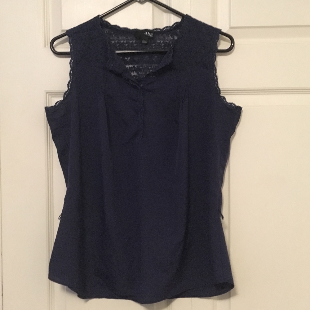 Navy Blue Sleeveless Blouse with Lace Detail